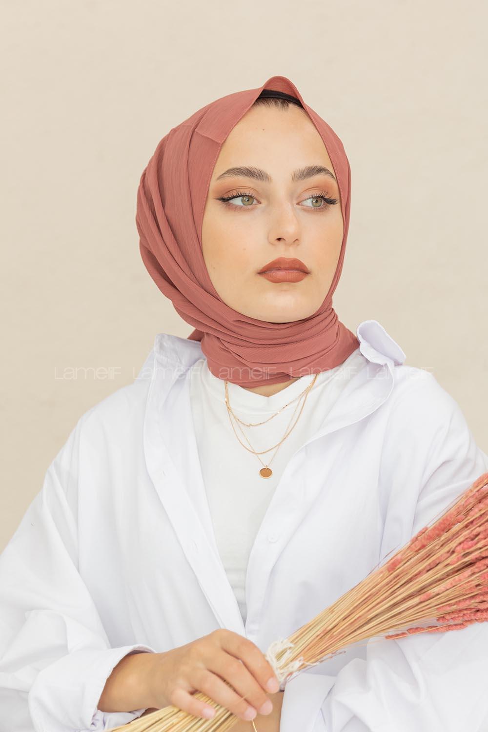 Modalamelif Koyu Mercan Krinkıl Medine İpeği Şal