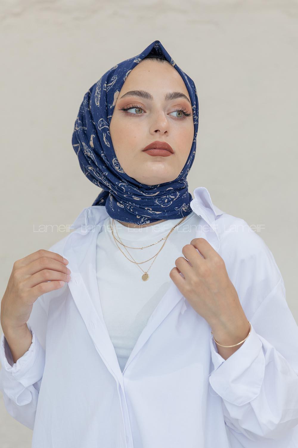 Modalamelif Lacivert Motif Baskılı Pamuk Vual Şal