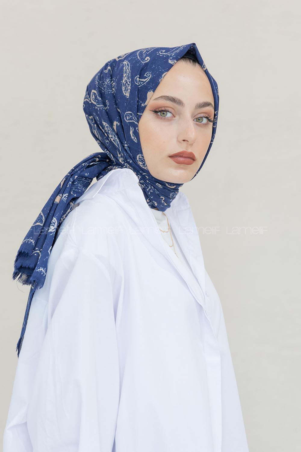 Modalamelif Lacivert Motif Baskılı Pamuk Vual Şal