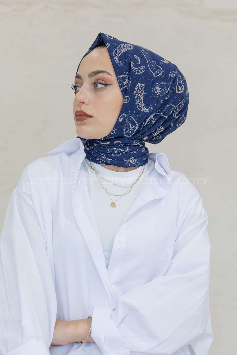 Modalamelif Lacivert Motif Baskılı Pamuk Vual Şal