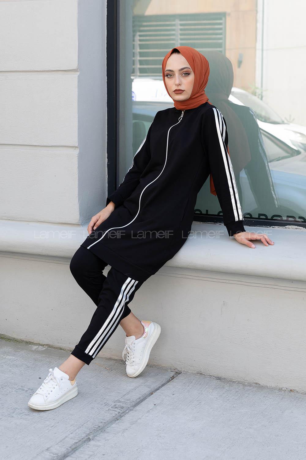 Modalamelif Ön Fermuarlı Şeritli İkili Takım Siyah