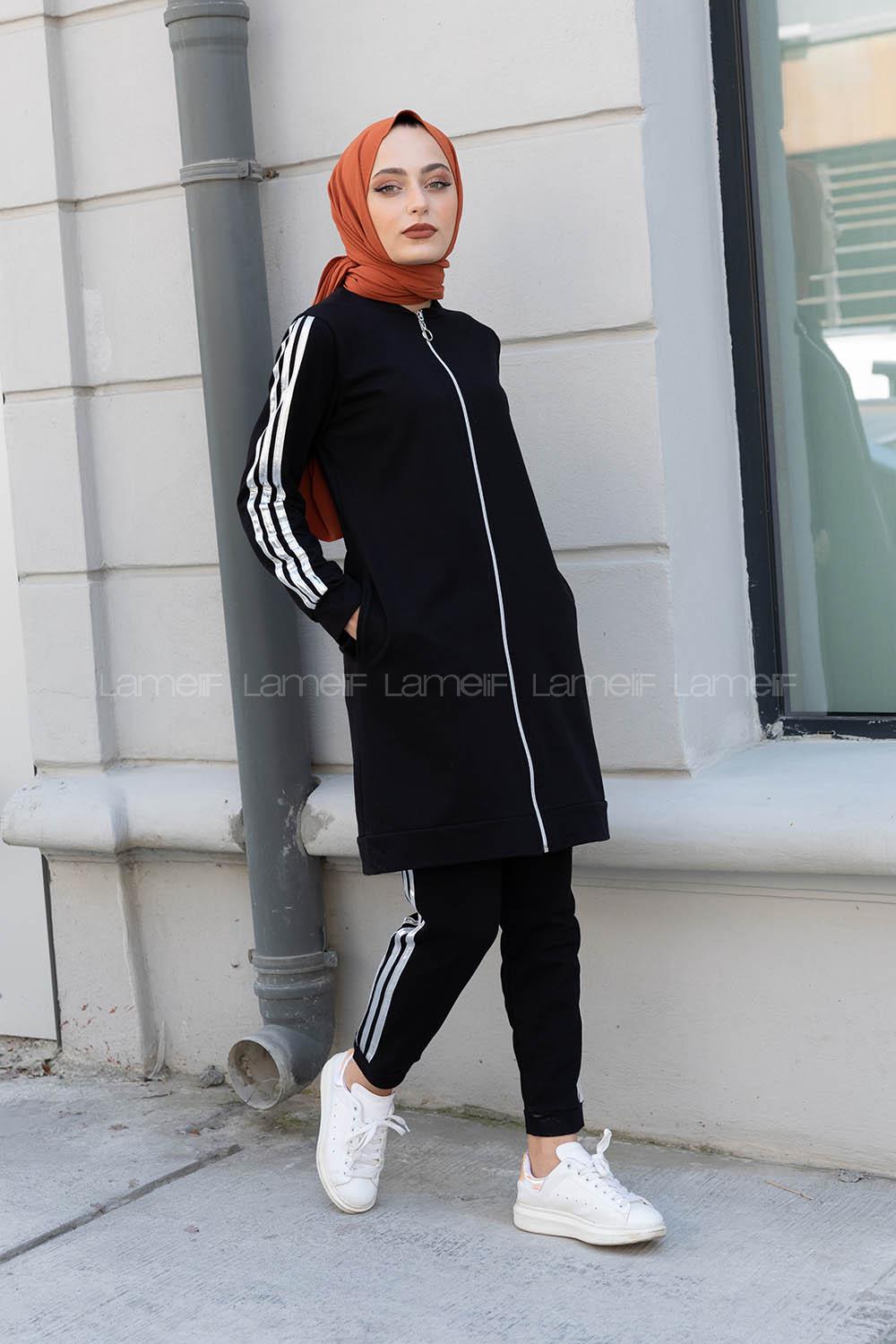 Modalamelif Ön Fermuarlı Şeritli İkili Takım Siyah