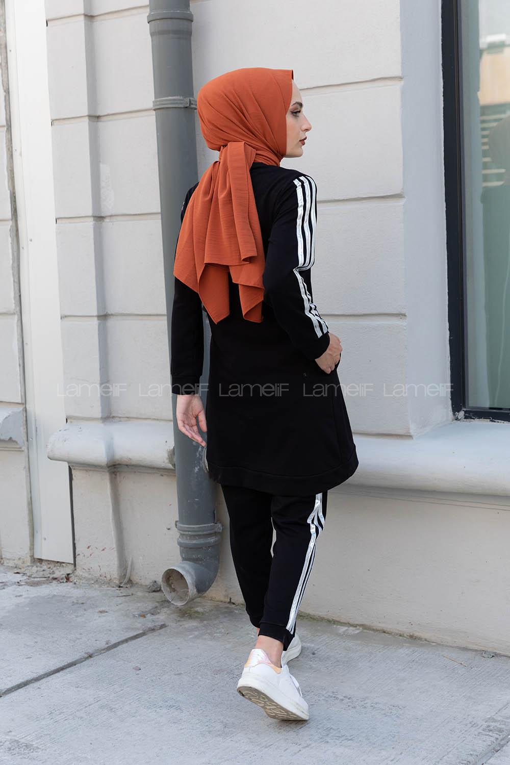 Modalamelif Ön Fermuarlı Şeritli İkili Takım Siyah