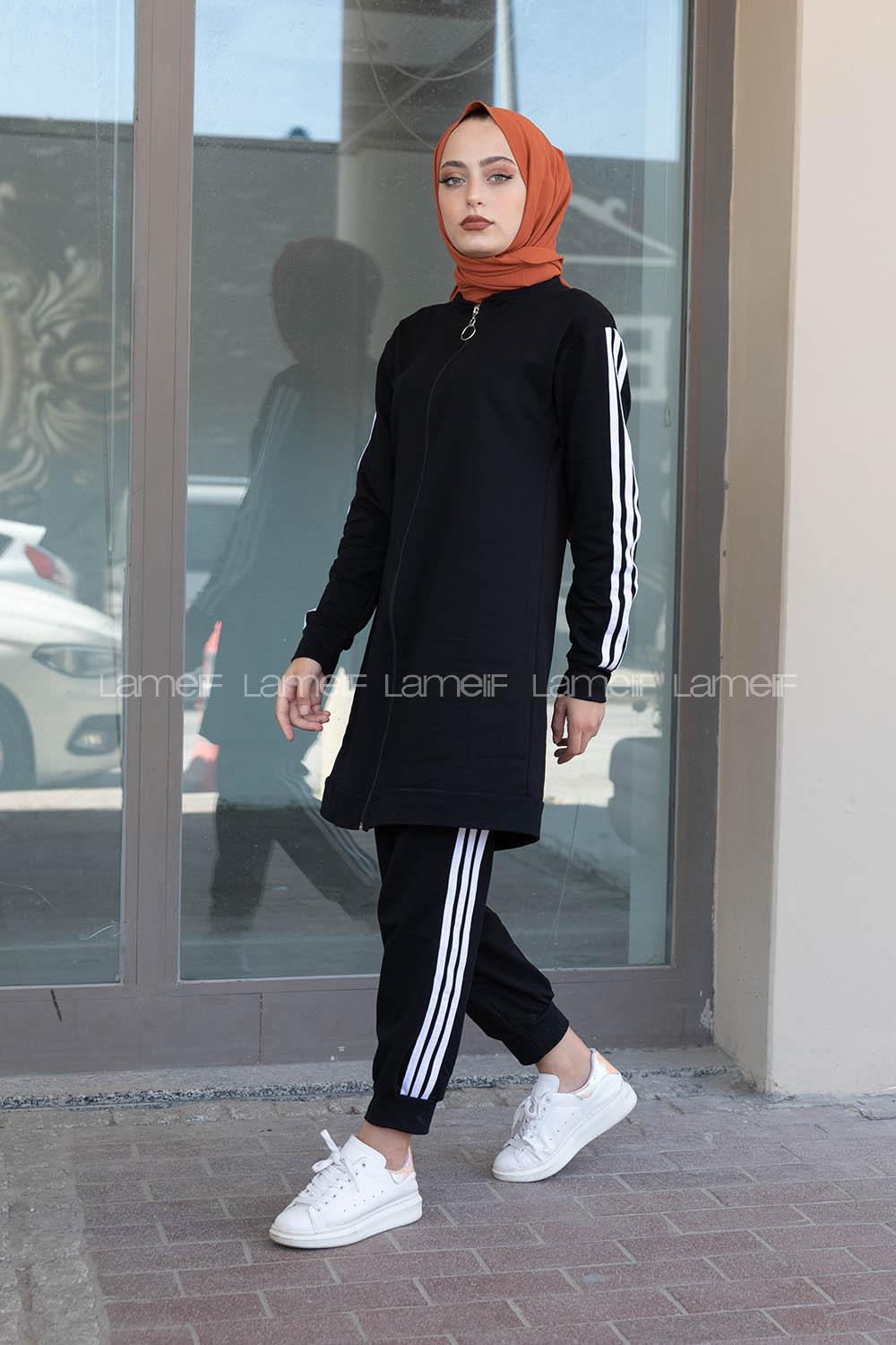 Modalamelif Ön Fermuarlı Şeritli Takım Siyah