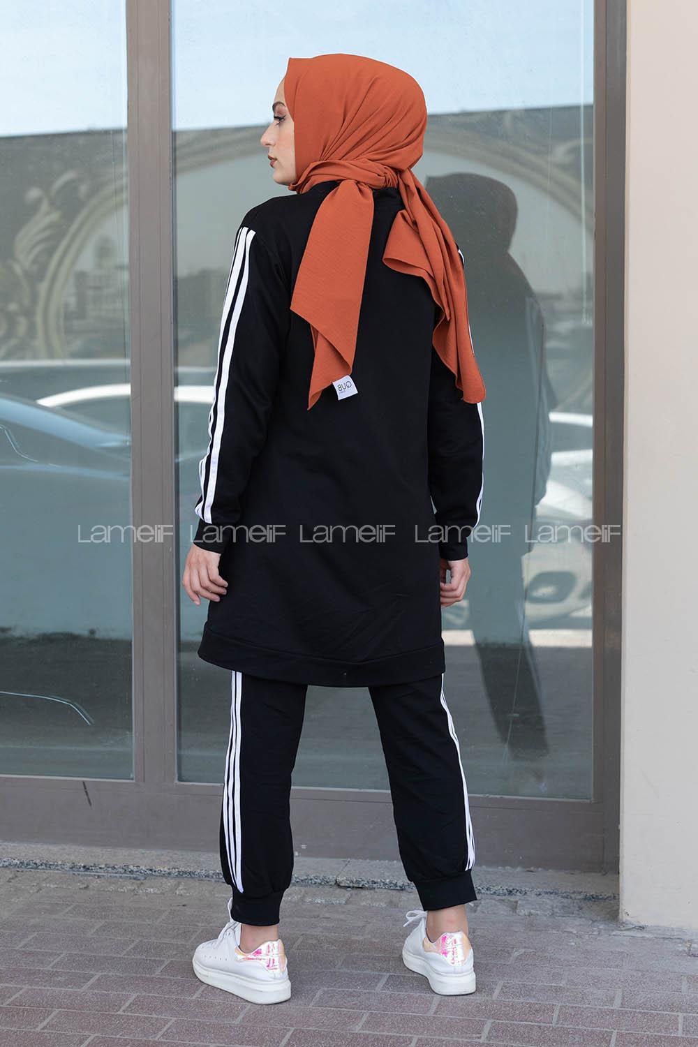 Modalamelif Ön Fermuarlı Şeritli Takım Siyah