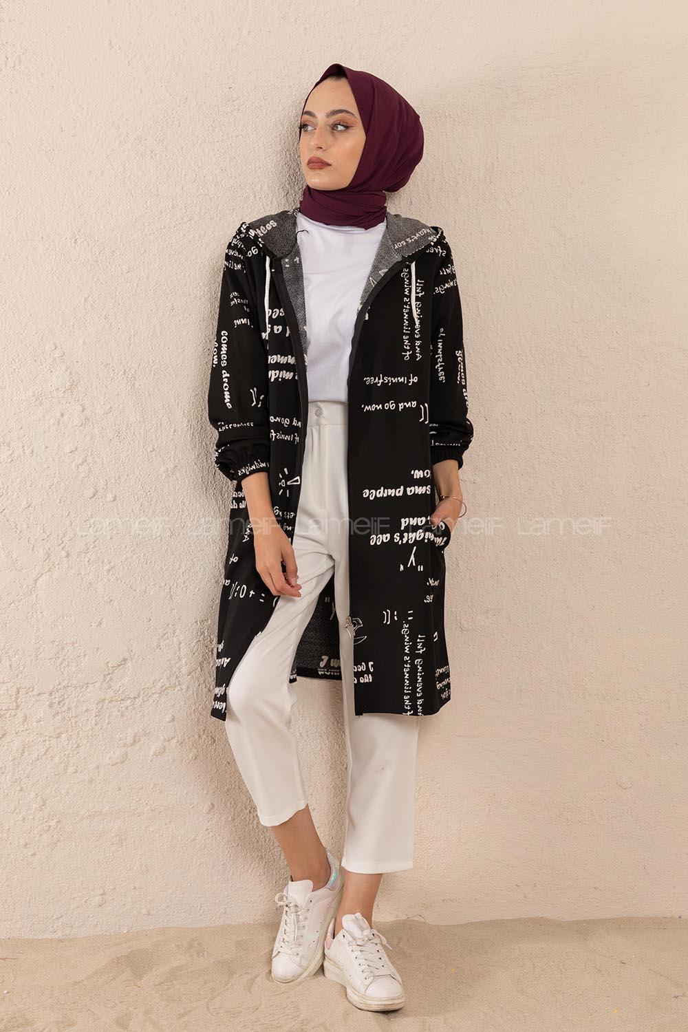 Modalamelif Önü Fermuarlı Kapşonlu Sweatshirt Siyah