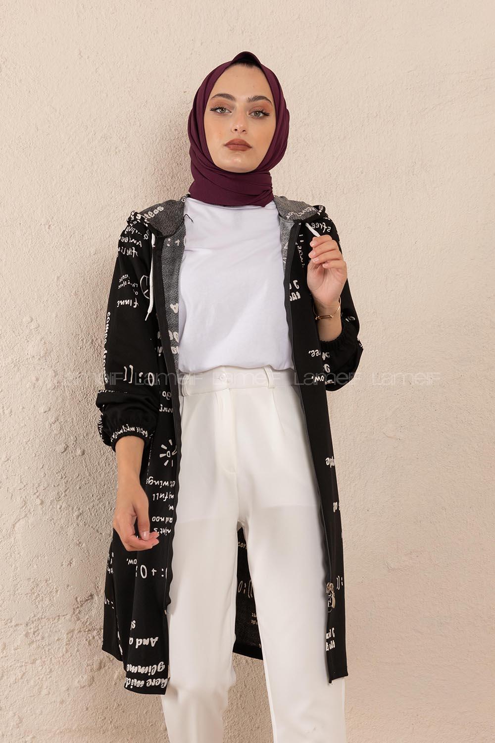 Modalamelif Önü Fermuarlı Kapşonlu Sweatshirt Siyah