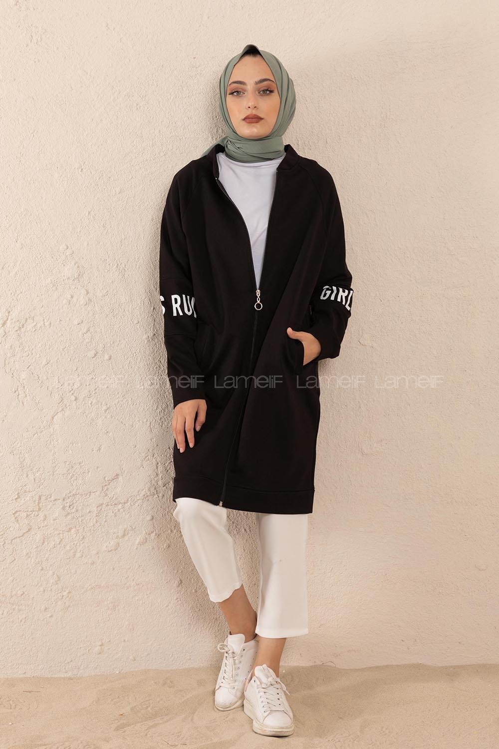 Modalamelif Önü Fermuarlı Kol Baskılı Hırka Siyah