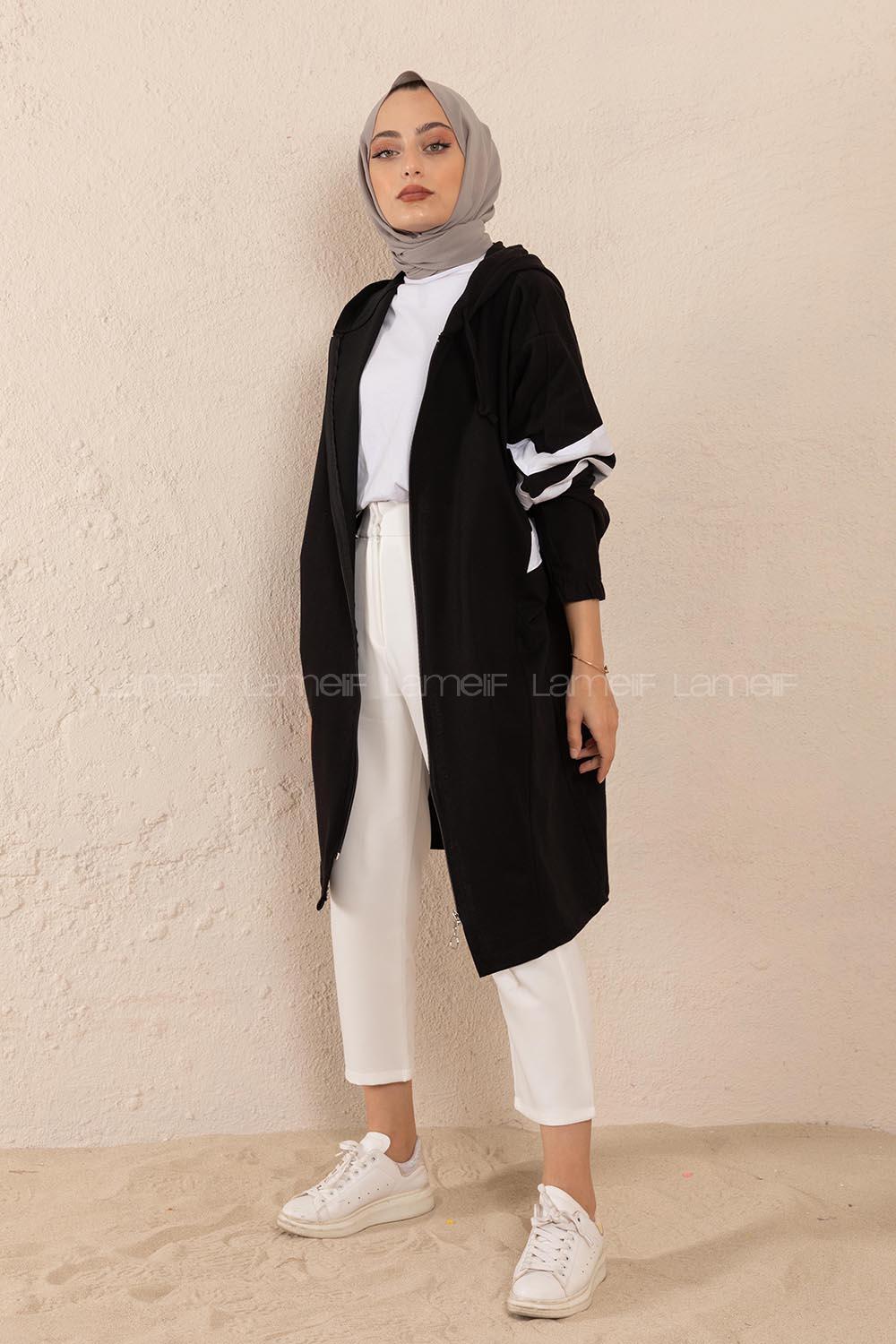 Modalamelif Şerit Detaylı Yarasa Kol Kap Siyah