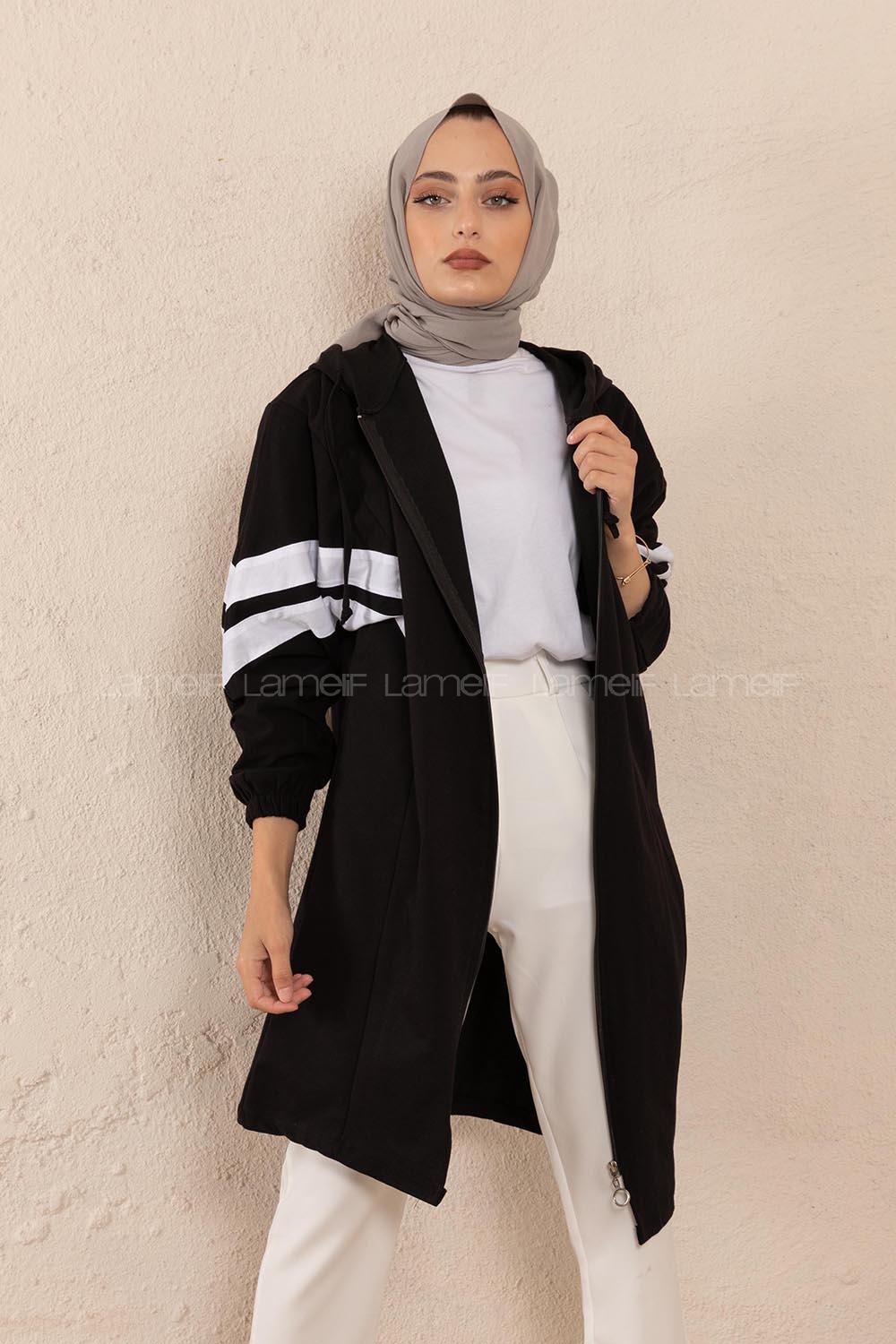 Modalamelif Şerit Detaylı Yarasa Kol Kap Siyah