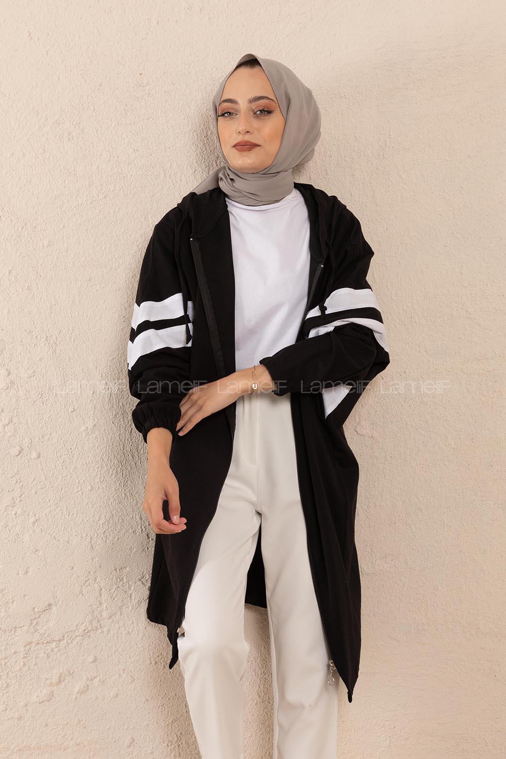 Modalamelif Şerit Detaylı Yarasa Kol Kap Siyah