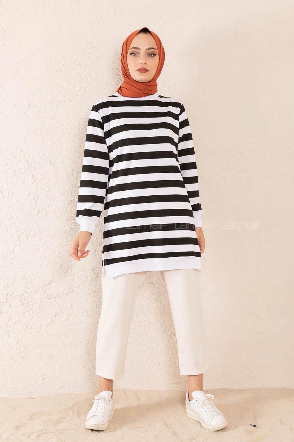 Modalamelif Bisiklet Yaka Çizgili Sweatshit Siyah