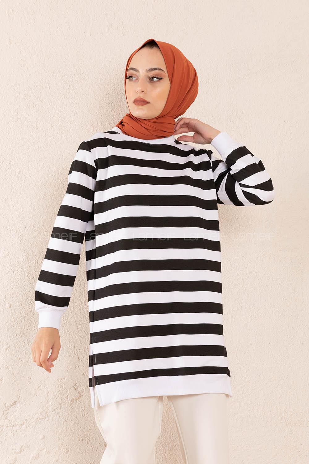 Modalamelif Bisiklet Yaka Çizgili Sweatshit Siyah