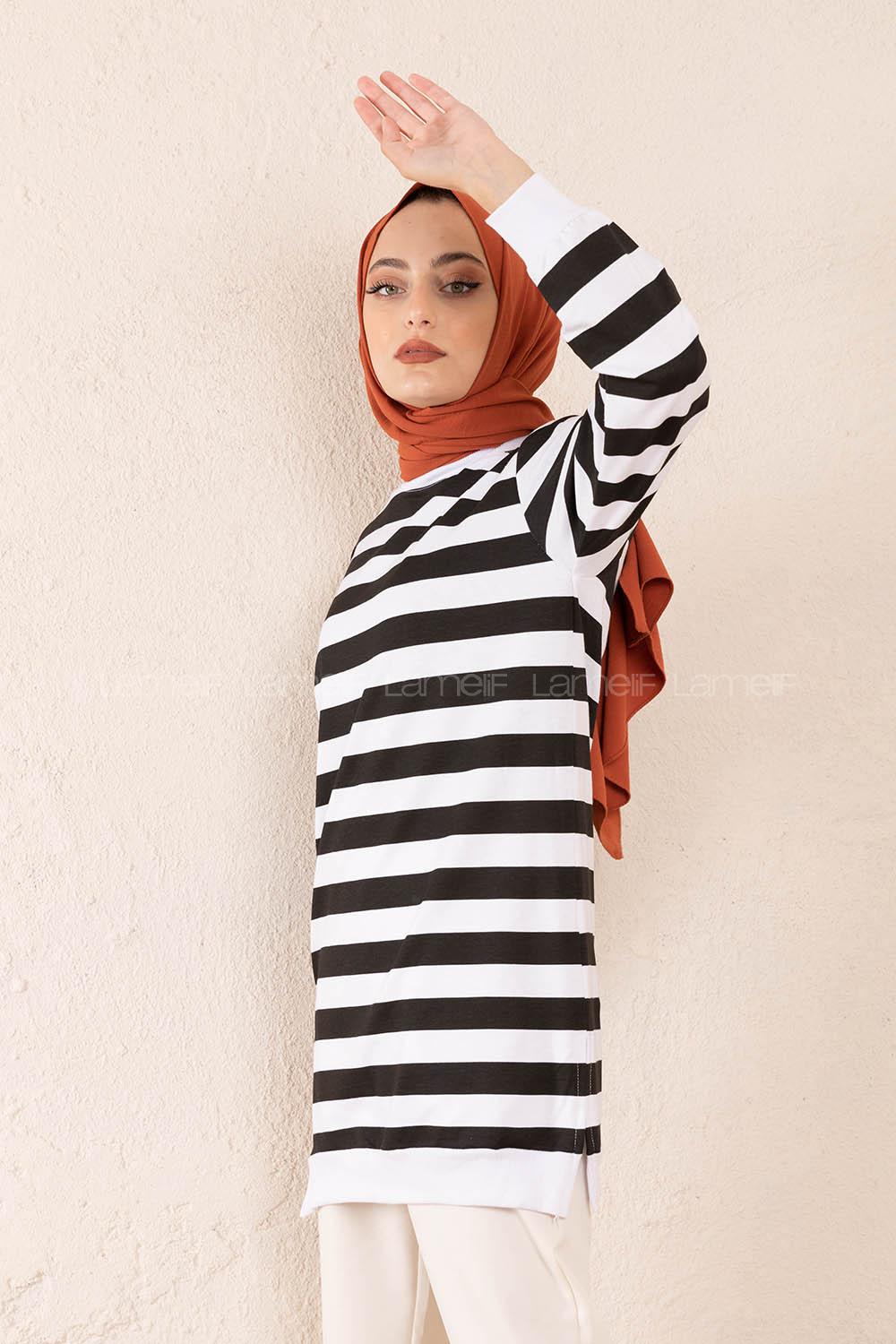 Modalamelif Bisiklet Yaka Çizgili Sweatshit Siyah