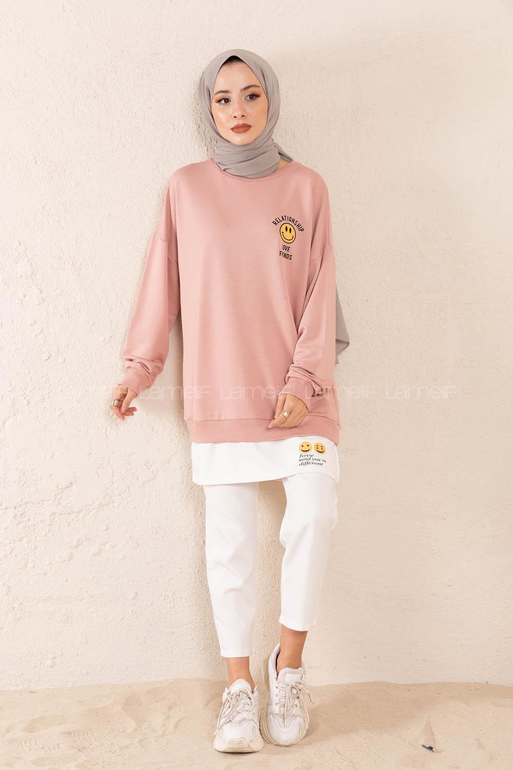 Modalamelif Önü Baskılı Etek Garnili Sweatshirt Pudra