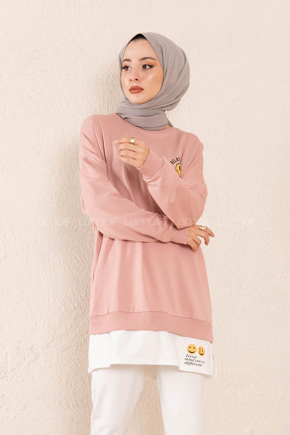 Modalamelif Önü Baskılı Etek Garnili Sweatshirt Pudra