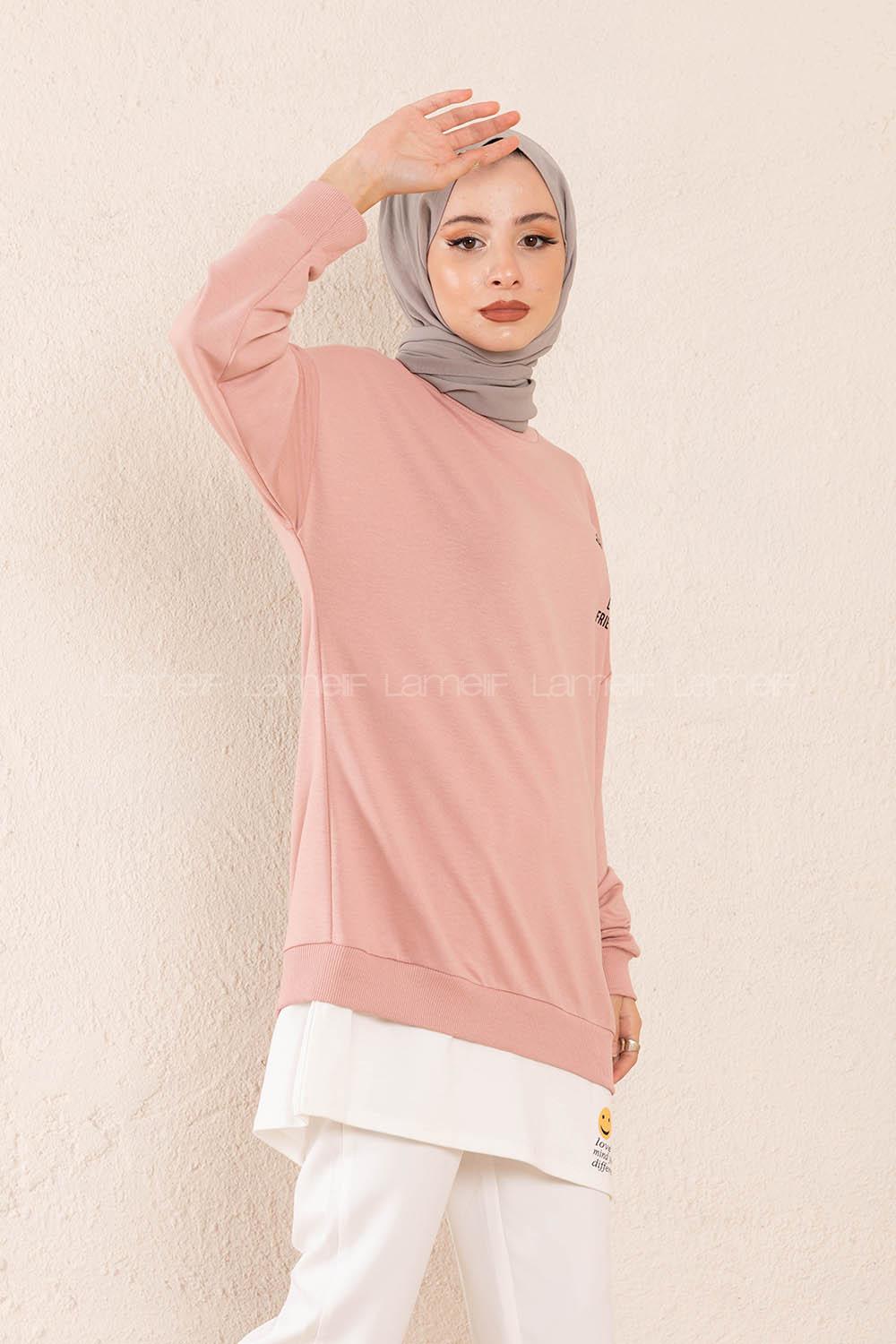 Modalamelif Önü Baskılı Etek Garnili Sweatshirt Pudra