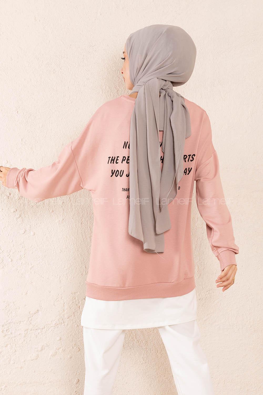 Modalamelif Önü Baskılı Etek Garnili Sweatshirt Pudra