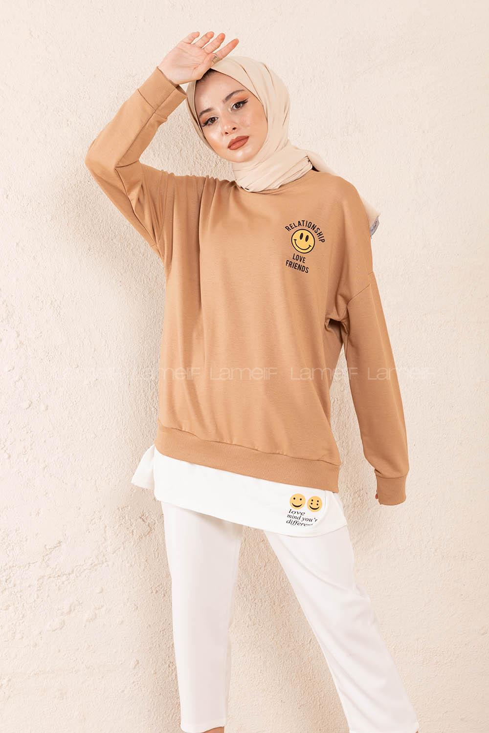 Modalamelif Önü Baskılı Etek Garnili Sweatshirt Sütlü Kahve