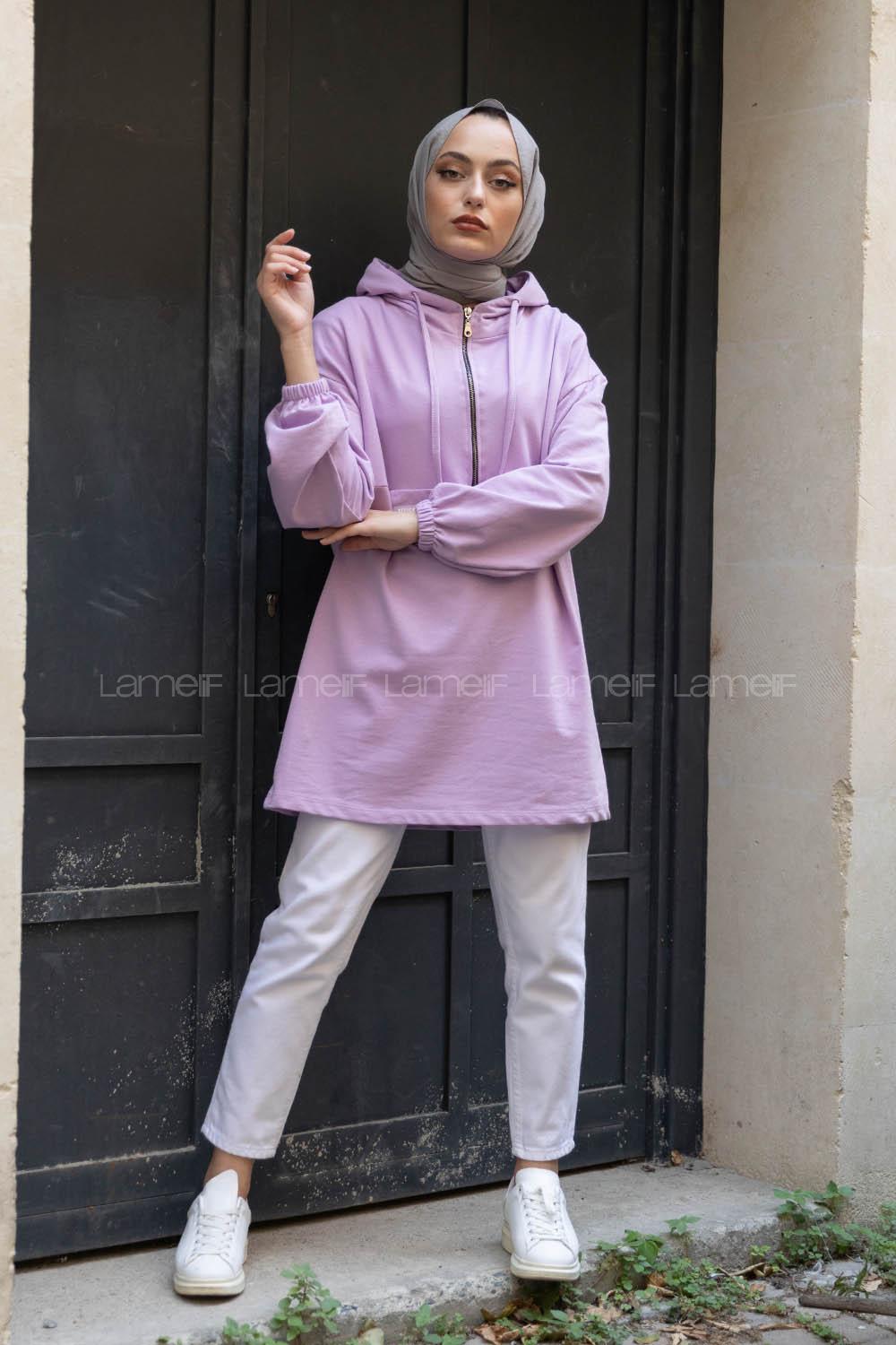 Modalamelif Arma Baskılı Kapşonlu Tunik Lila