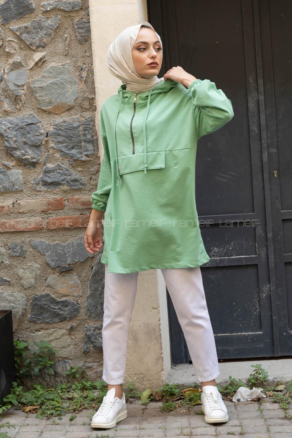 Modalamelif Arma Baskılı Kapşonlu Tunik Mint Yeşili