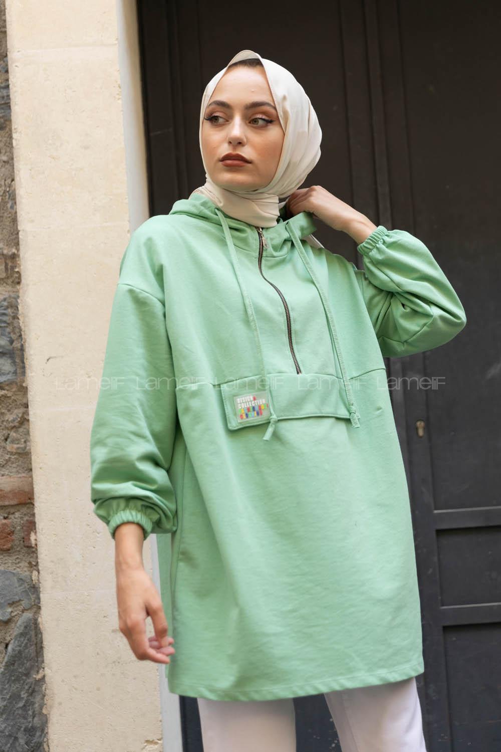 Modalamelif Arma Baskılı Kapşonlu Tunik Mint Yeşili