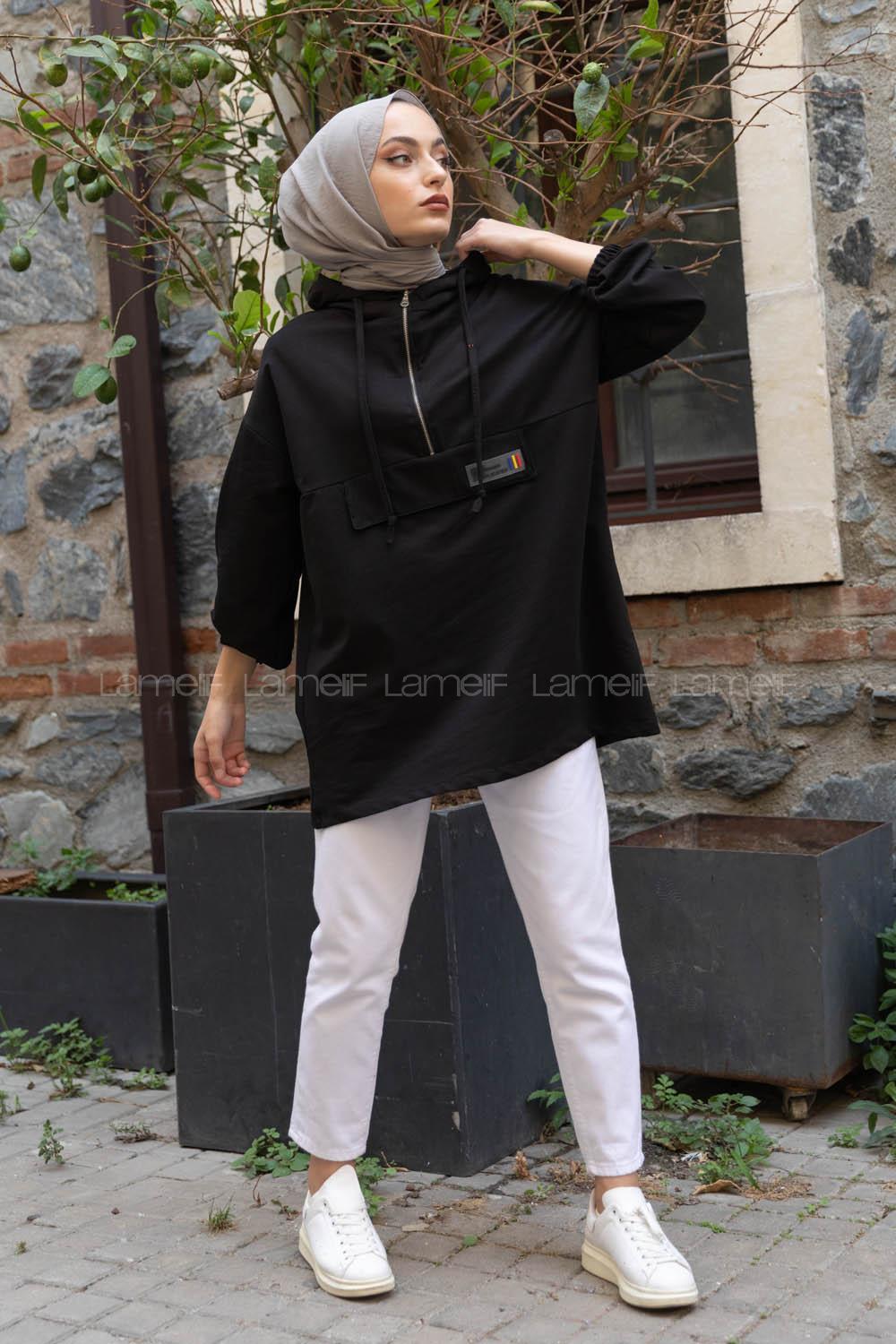 Modalamelif Arma Baskılı Kapşonlu Tunik Siyah