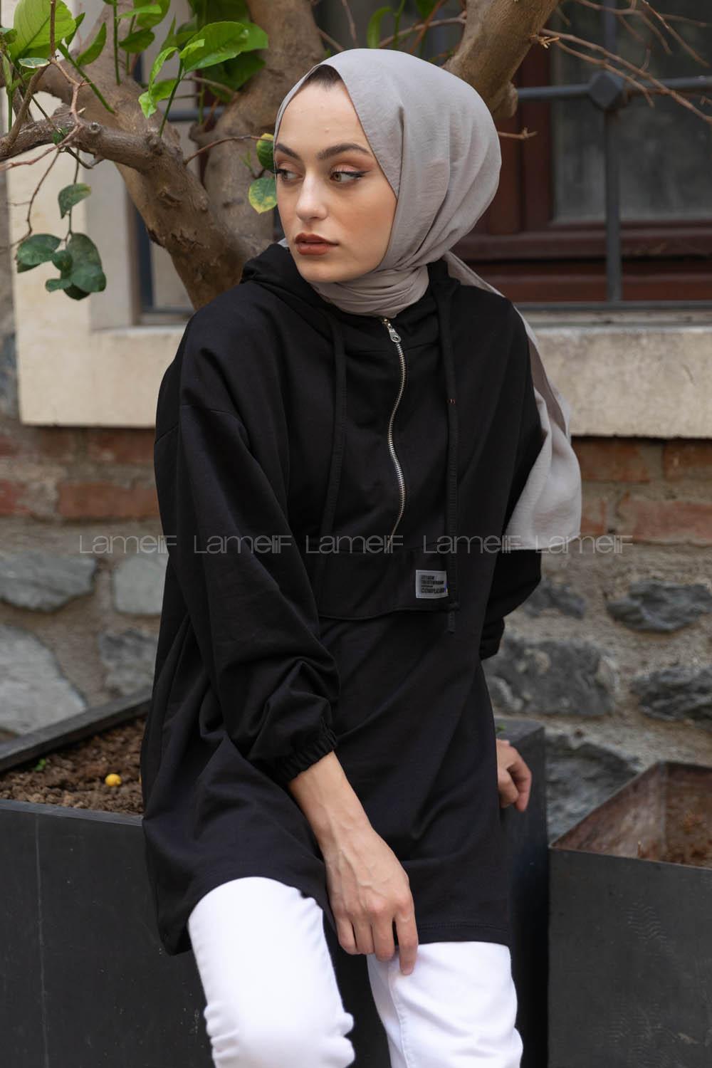 Modalamelif Arma Baskılı Kapşonlu Tunik Siyah