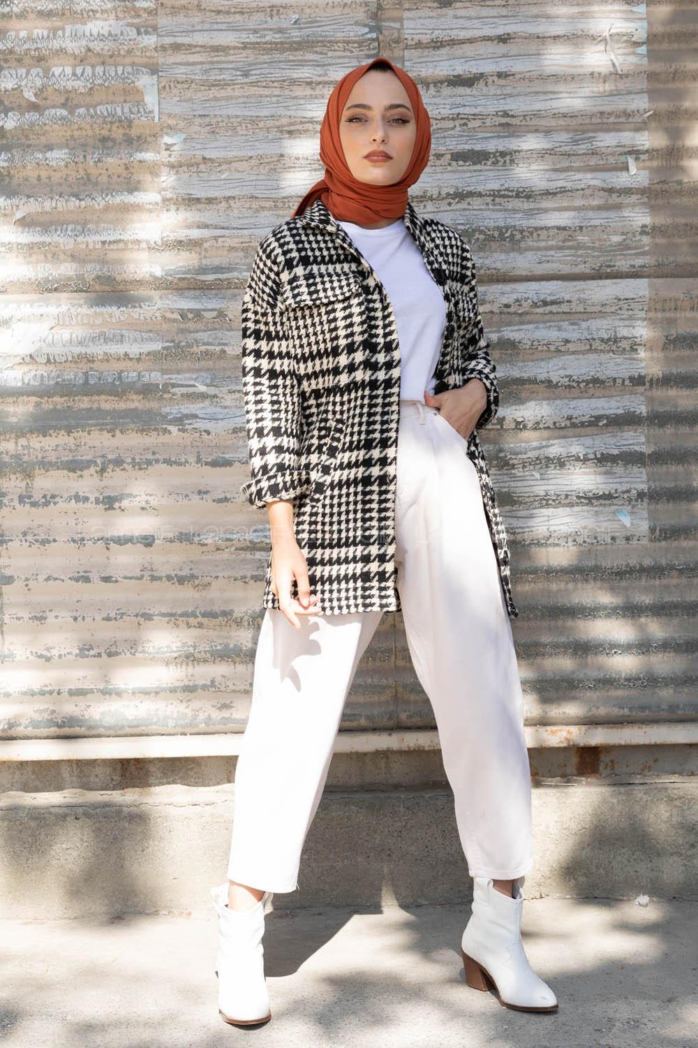 Modalamelif Çift Cepli Kazayağı Desen Kaban Ekru