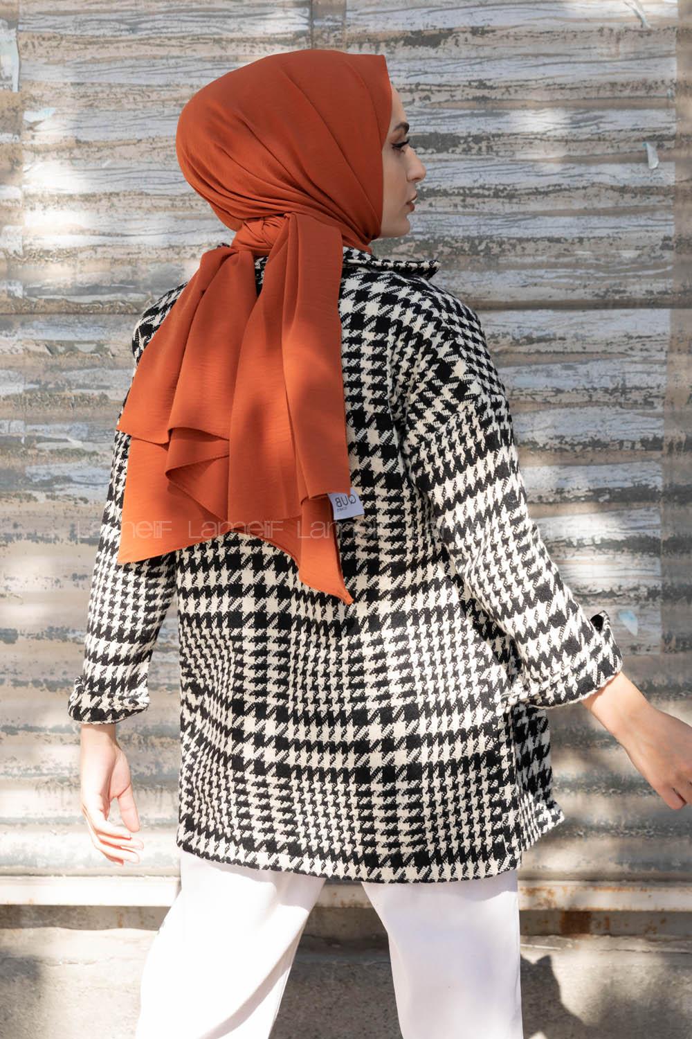 Modalamelif Çift Cepli Kazayağı Desen Kaban Ekru