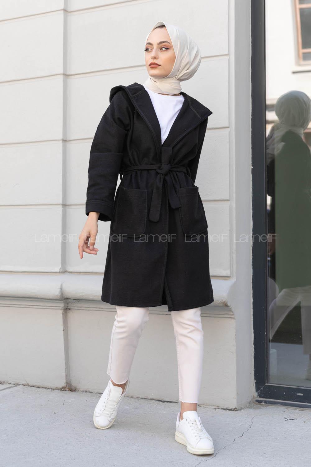 Modalamelif Çift Cepli Kuşaklı Kaban Siyah