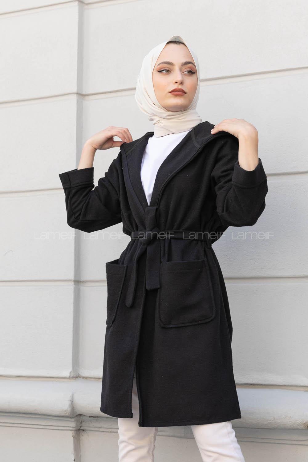 Modalamelif Çift Cepli Kuşaklı Kaban Siyah