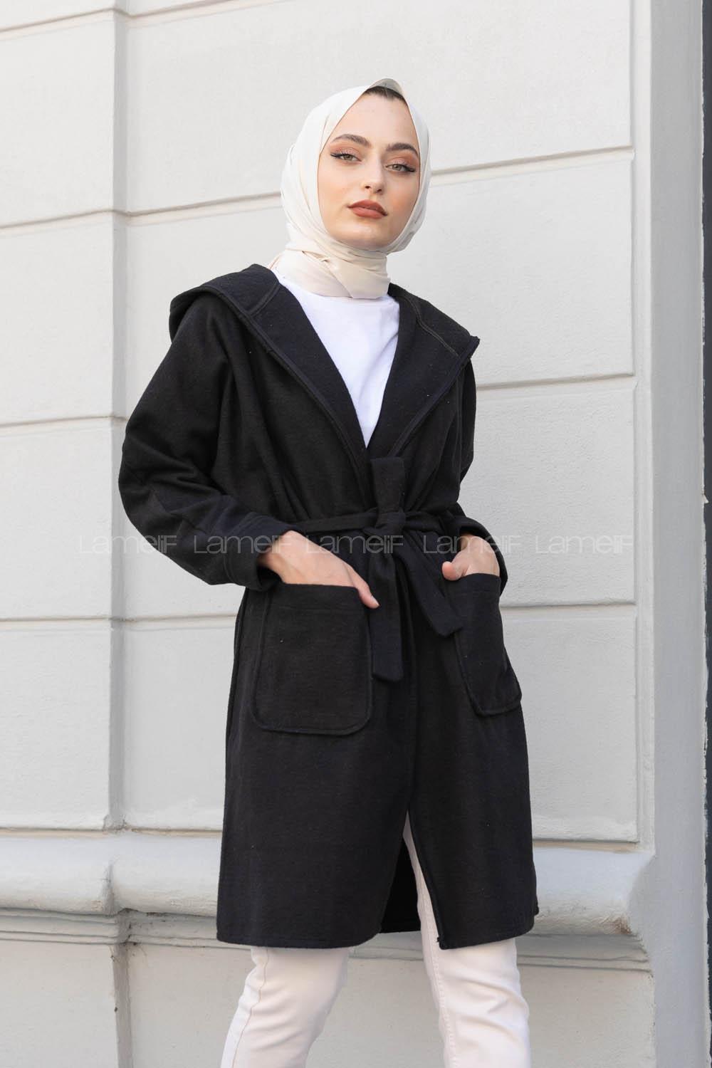 Modalamelif Çift Cepli Kuşaklı Kaban Siyah