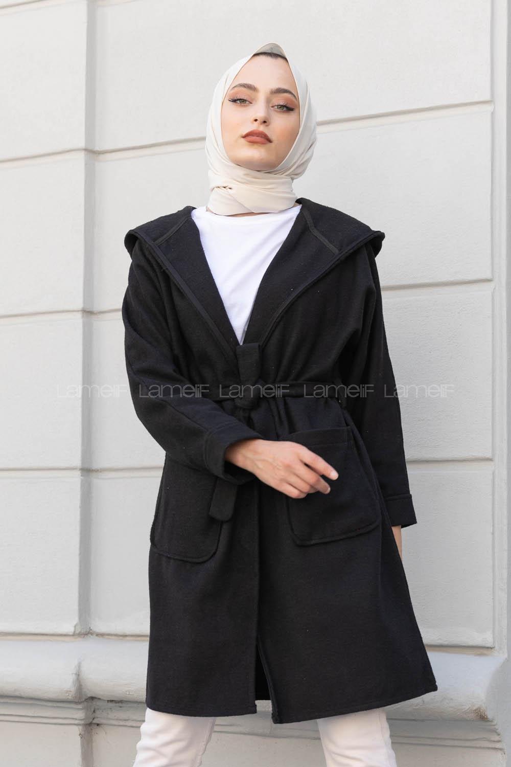 Modalamelif Çift Cepli Kuşaklı Kaban Siyah