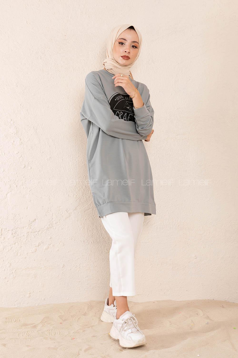 Modalamelif Craft Yazı Baskılı Sweatshirt Gri Melanj