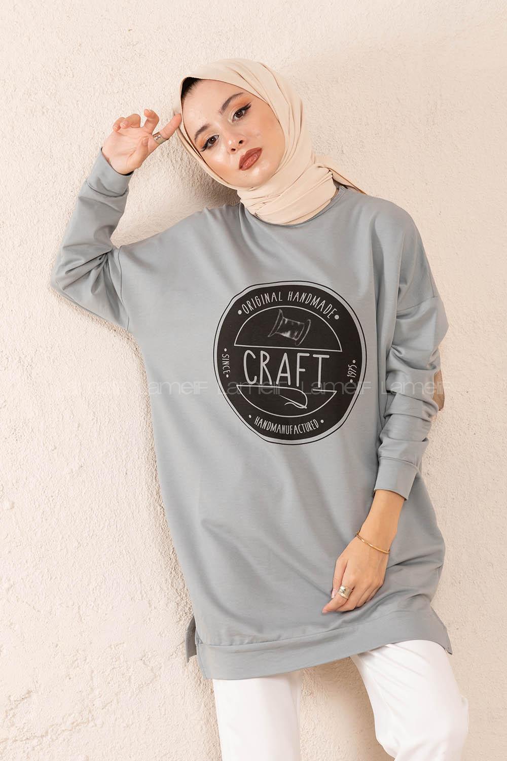 Modalamelif Craft Yazı Baskılı Sweatshirt Gri Melanj