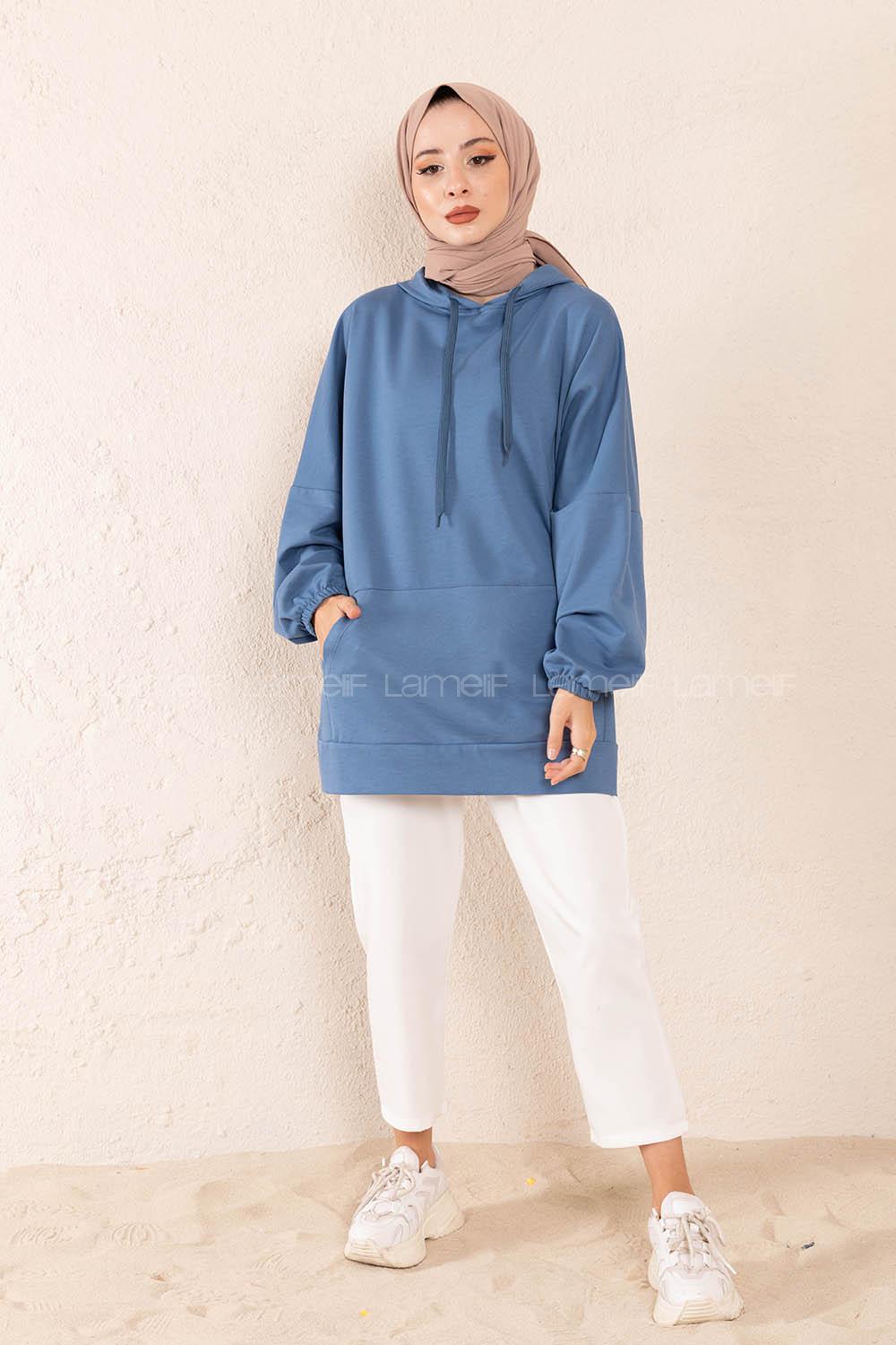 Modalamelif  Kanguru Cepli Kapşonlu Sweatshirt İndigo