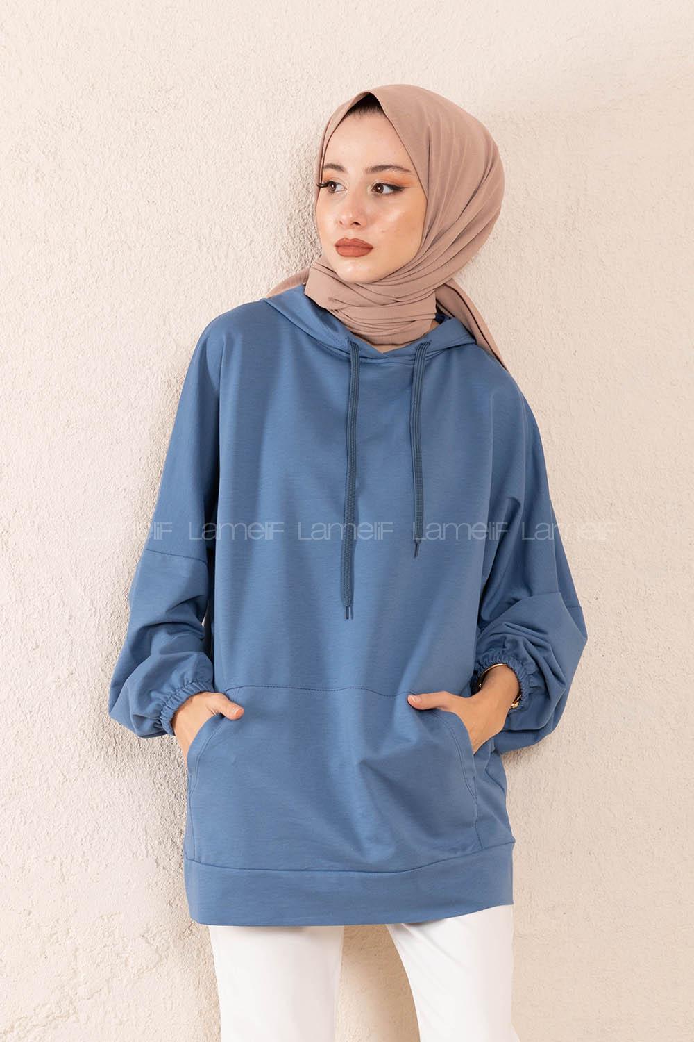 Modalamelif  Kanguru Cepli Kapşonlu Sweatshirt İndigo