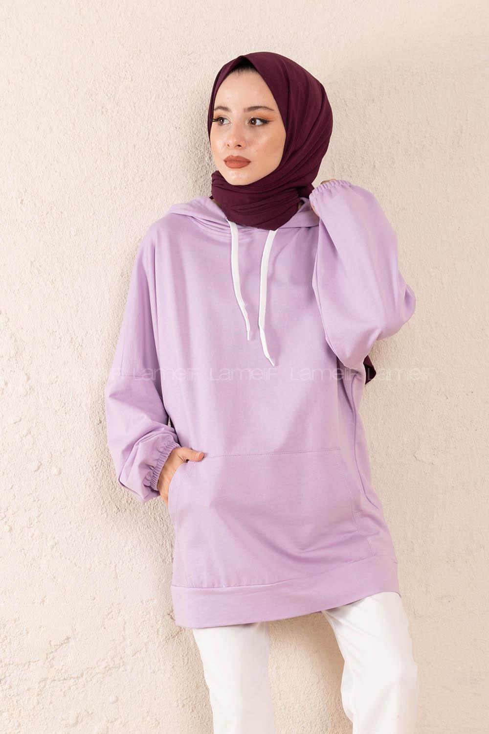 Modalamelif  Kanguru Cepli Kapşonlu Sweatshirt Lila