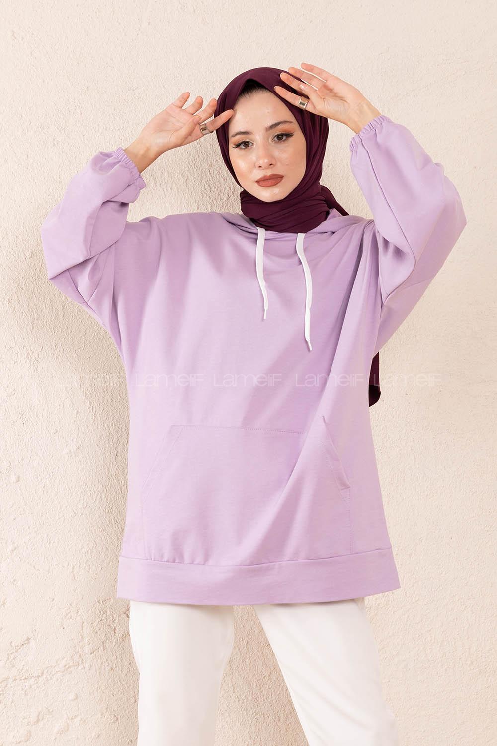 Modalamelif  Kanguru Cepli Kapşonlu Sweatshirt Lila