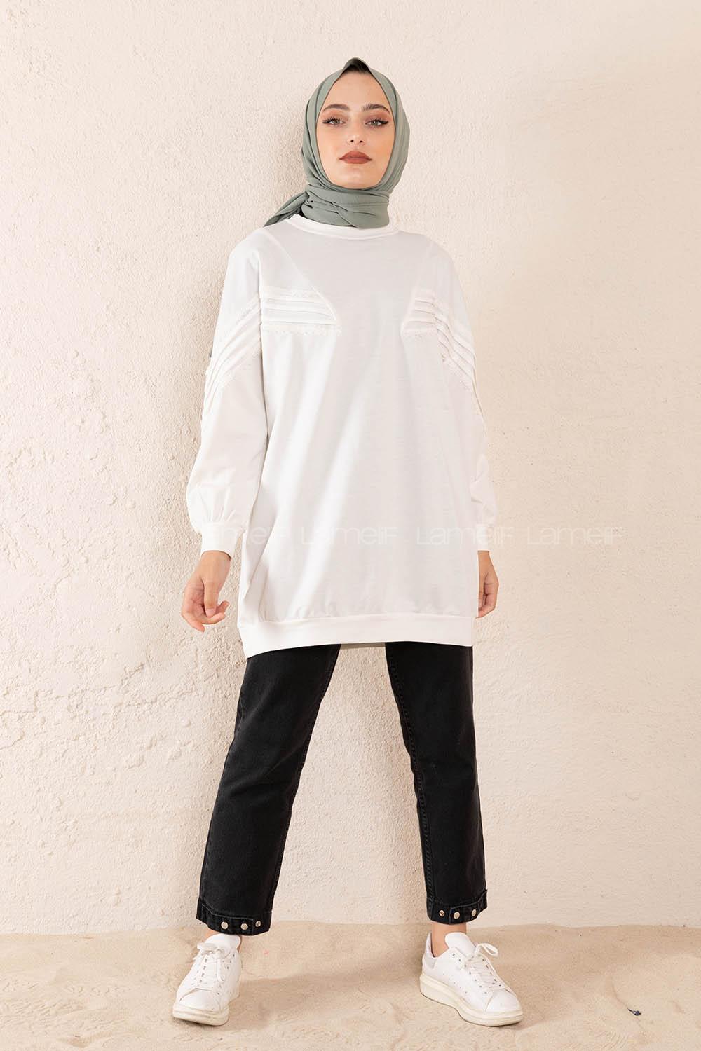 Modalamelif Kol Dantel Detaylı Sweatshirt Beyaz