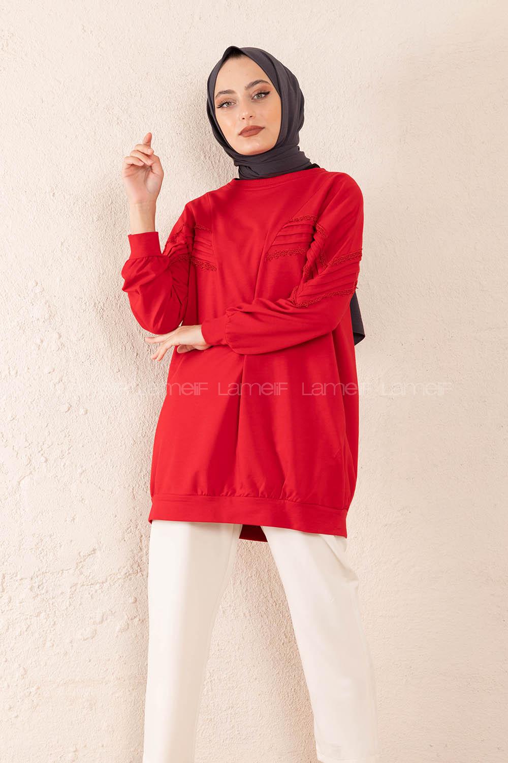 Modalamelif Kol Dantel Detaylı Sweatshirt Kırmızı