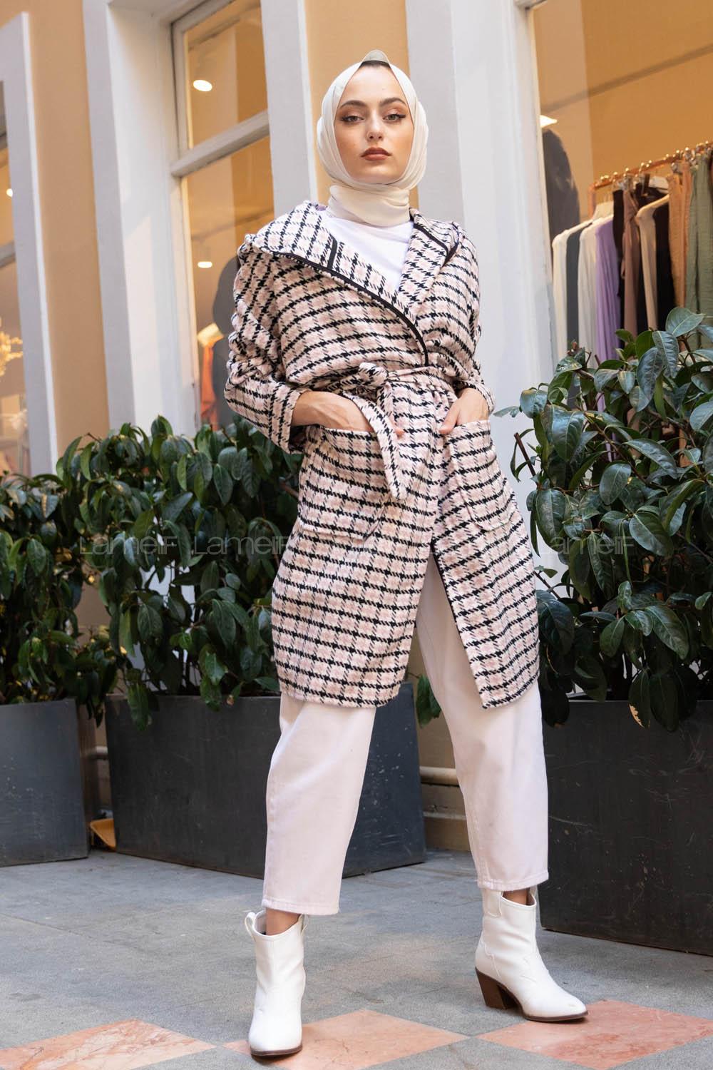 Modalamelif Kuşaklı Ekose Desen Kaban Pudra