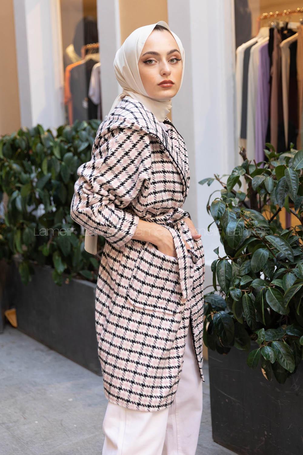 Modalamelif Kuşaklı Ekose Desen Kaban Pudra