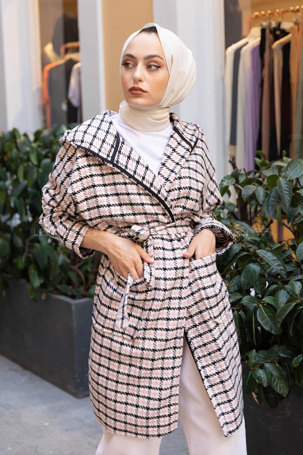 Modalamelif Kuşaklı Ekose Desen Kaban Pudra