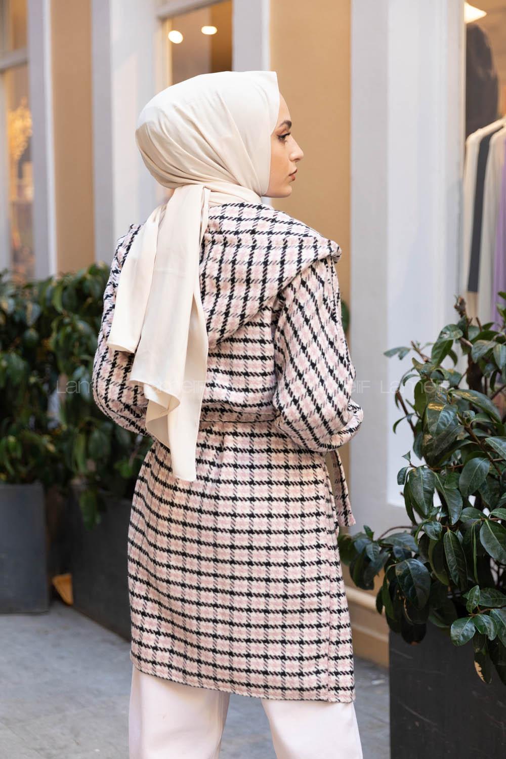 Modalamelif Kuşaklı Ekose Desen Kaban Pudra