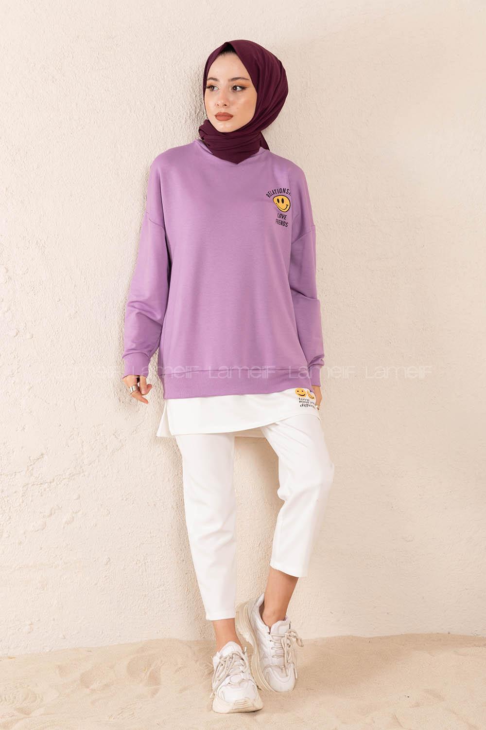 Modalamelif Önü Baskılı Etek Garnili Sweatshirt Lila