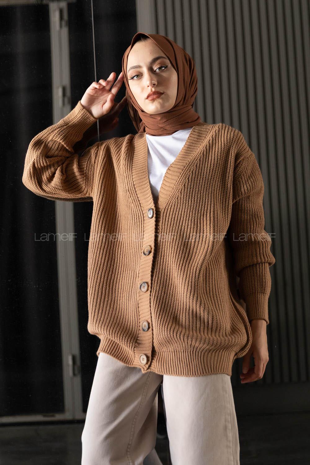 Modalamelif Önü Düğmeli Hırka Karamel