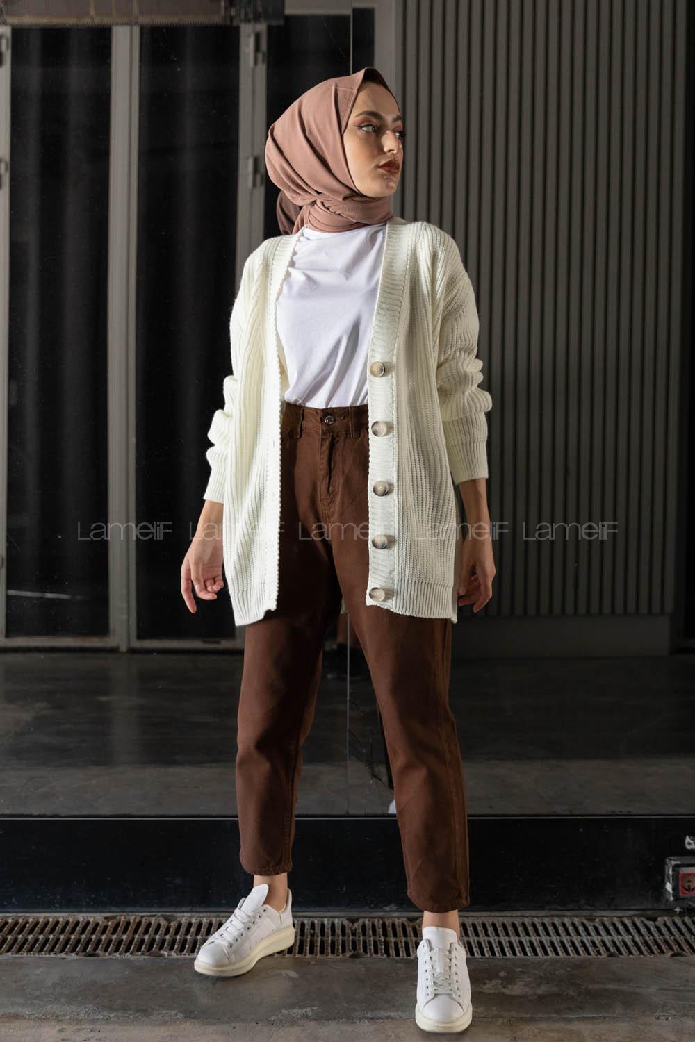 Modalamelif Önü Düğmeli Hırka Kemik