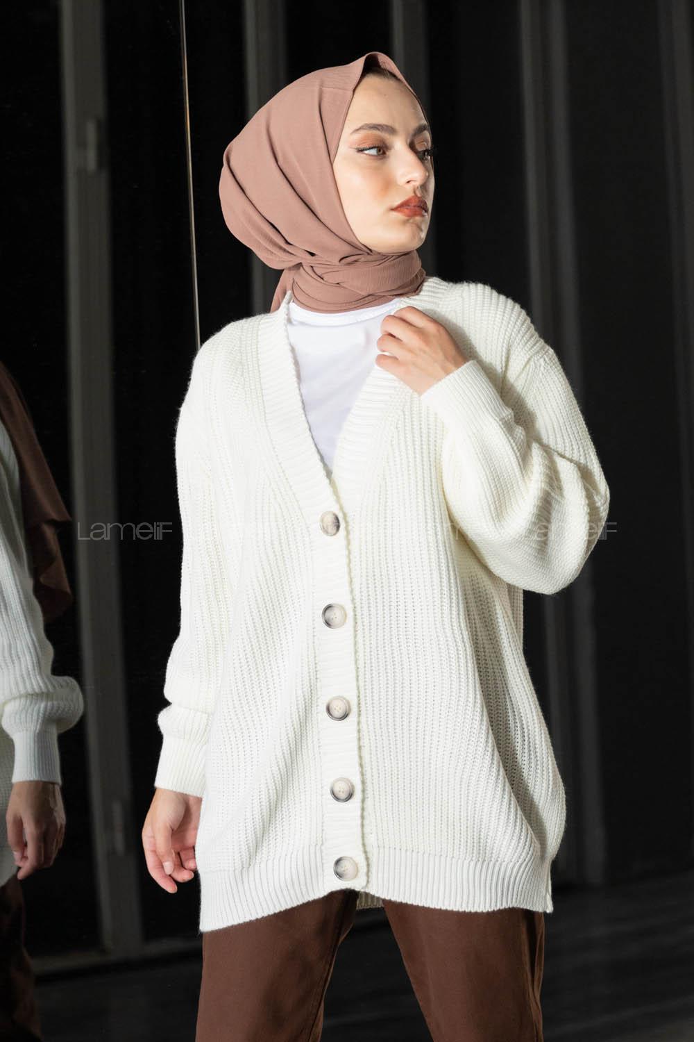 Modalamelif Önü Düğmeli Hırka Kemik